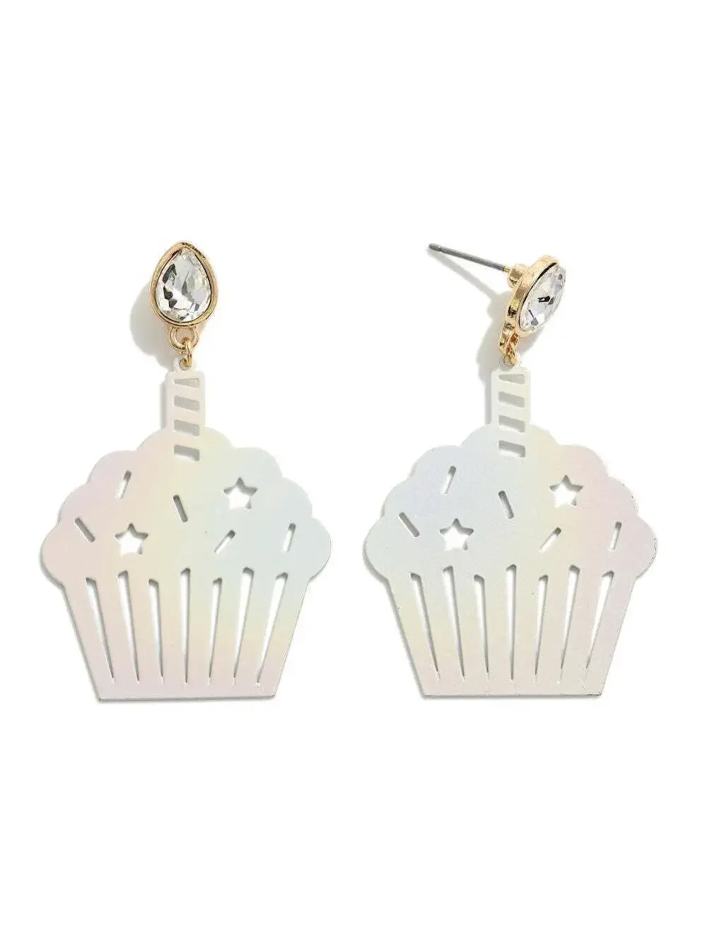 White Birthday Cupcake Earrings Rhinestone Candle Drop Dangle